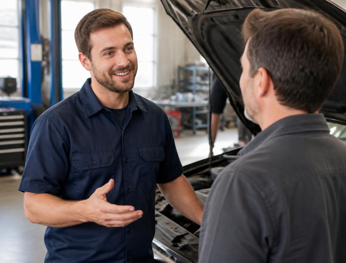 Mechanic explaining a repair to a customer