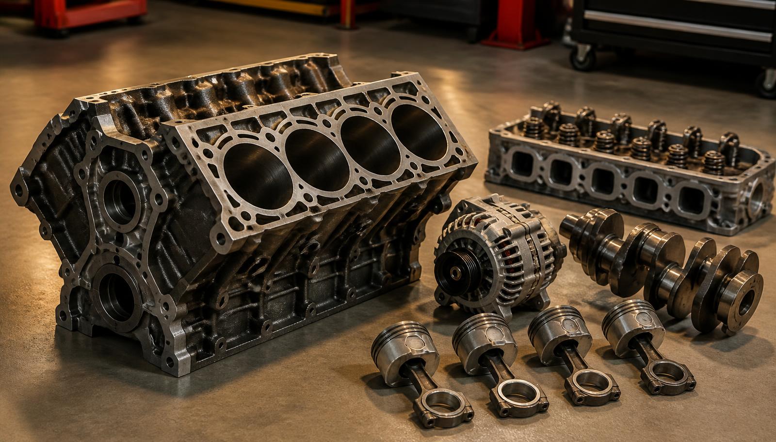 Used engine block, cylinder head and other parts on a shop floor